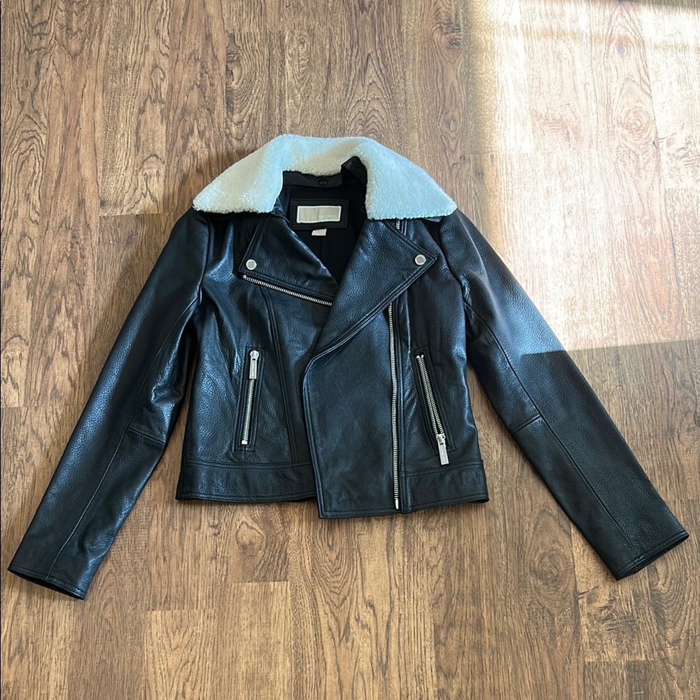 Michael Kors Black Leather Jacket with Cream Collar